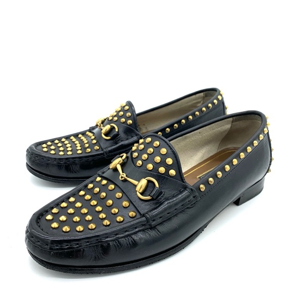 Gucci Betis Glamour Nero Studded Flats Shoes Loafers Horsebit - Picture 2 of 12